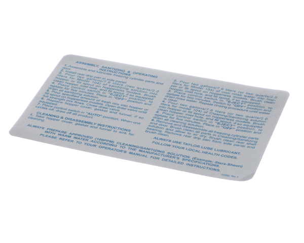 TAYLOR FREEZERS 030582 DECAL-INST-CLN-BATCH